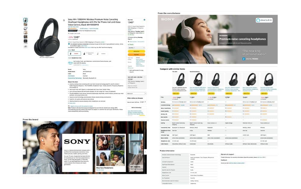 Sony’s product listing example (screenshot)