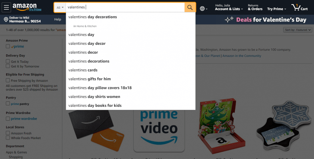 Amazon search bar keyword suggestions
