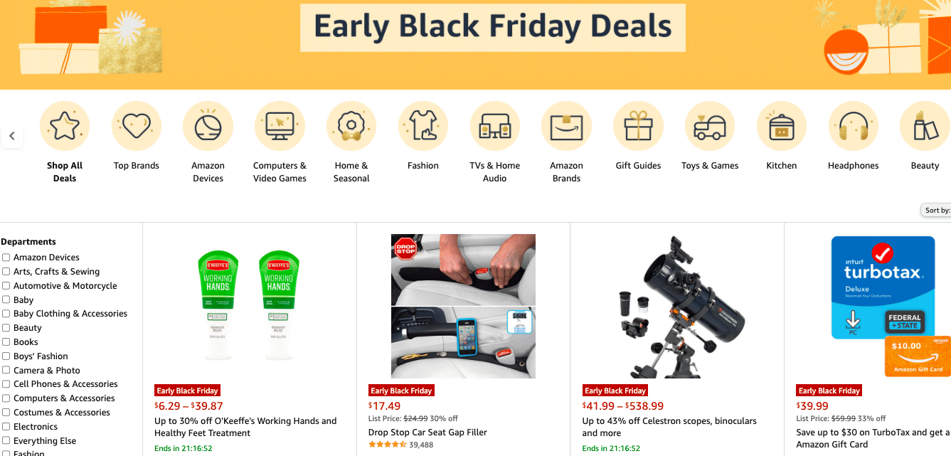 Página inicial da Amazon Black Friday Deals