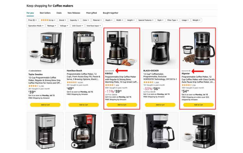 Examples of sponsored listings on Amazon